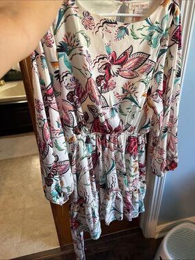 Flying Tomato Cream Floral Boho Tiered Long Sleeve Dress